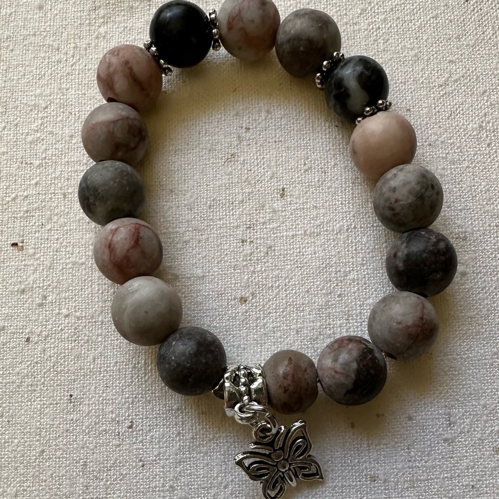 Elegant Silver and Jasper Gray Beaded Bracelet with Butterfly Charm